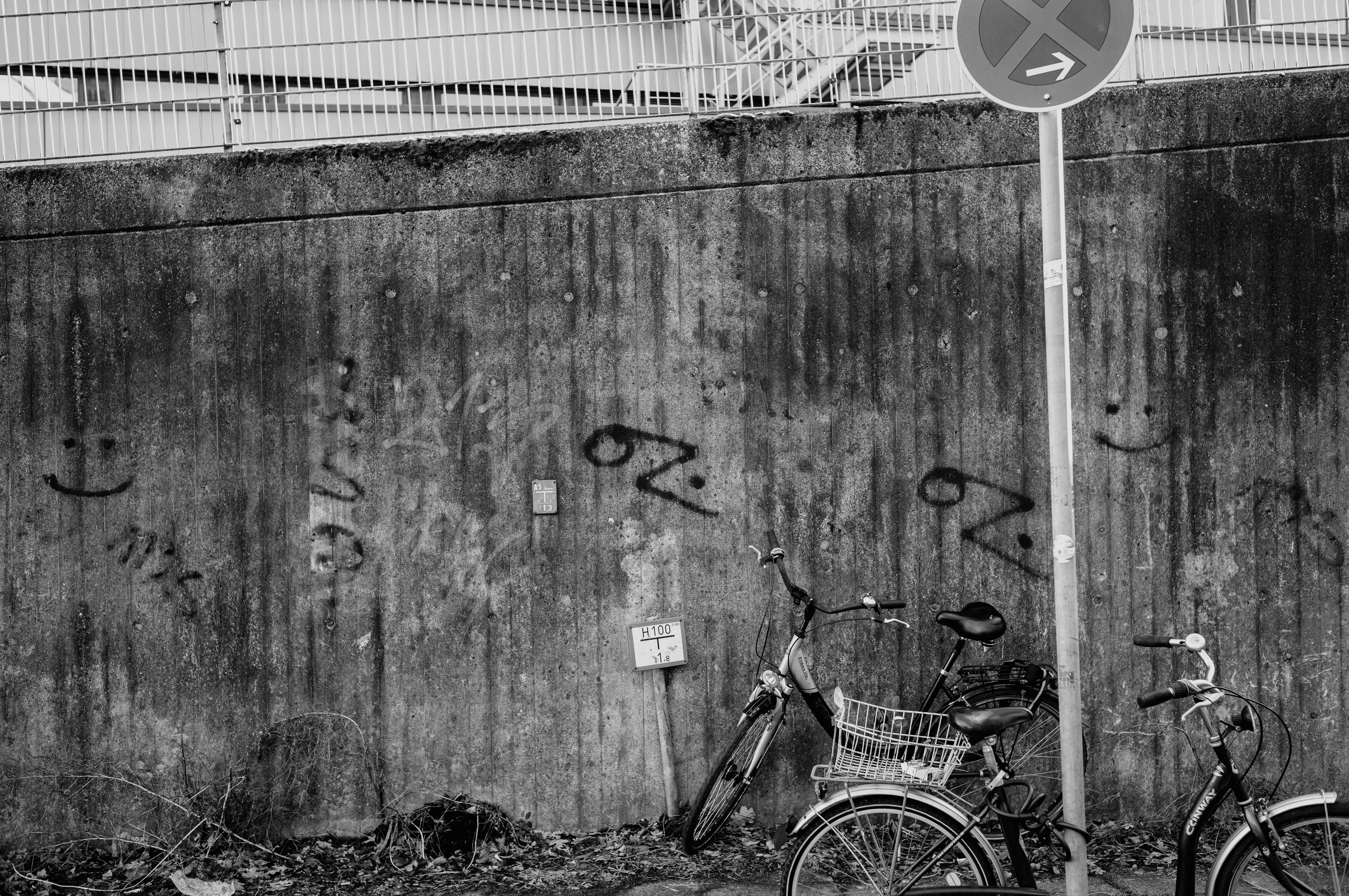 Two bicycles parked against a graffiti-covered concrete wall beneath a no parking sign.