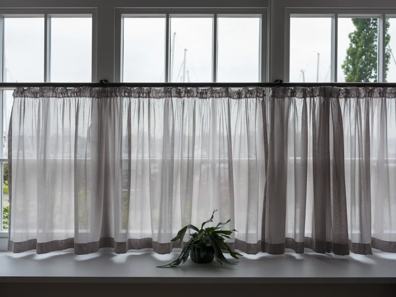 A window with sheer curtains and a potted plant on the windowsill.