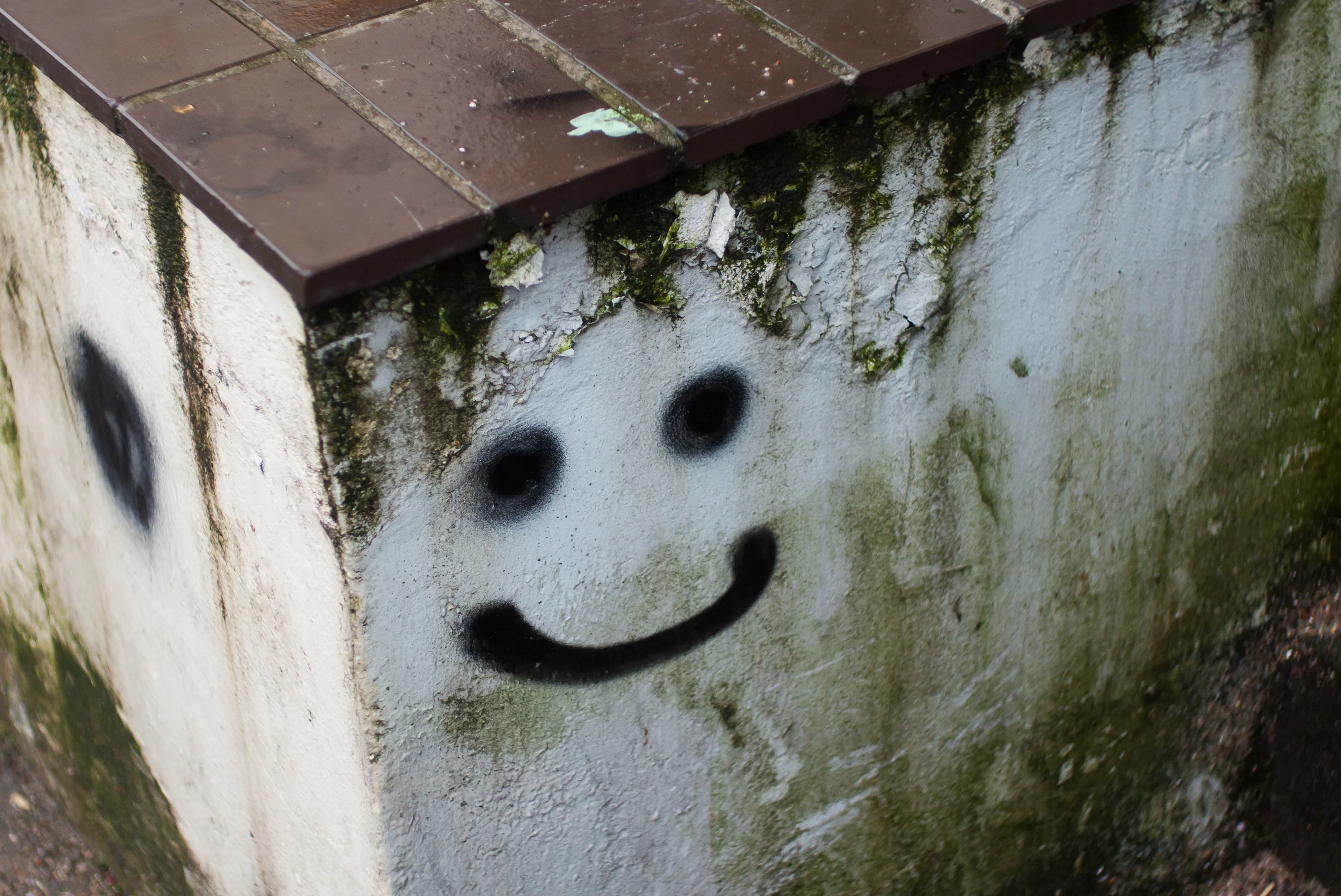A concrete block with a smiley face graffiti on one side.
