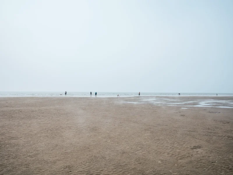 People walking on a wide, grayish beach under a hazy sky.