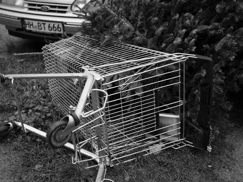 An overturned shopping cart lies on the ground next to a car and a bush.